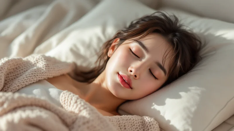 ベッドで穏やかな表情で休む日本人女性。プロゲステロンが支える高温期と眠気・体温上昇のイメージ