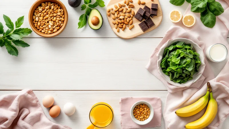 木のテーブルに並んだ大豆製品・卵・赤身肉・葉物野菜・ナッツ・かぼちゃの種。プロゲステロンを支える食材のフラットレイ