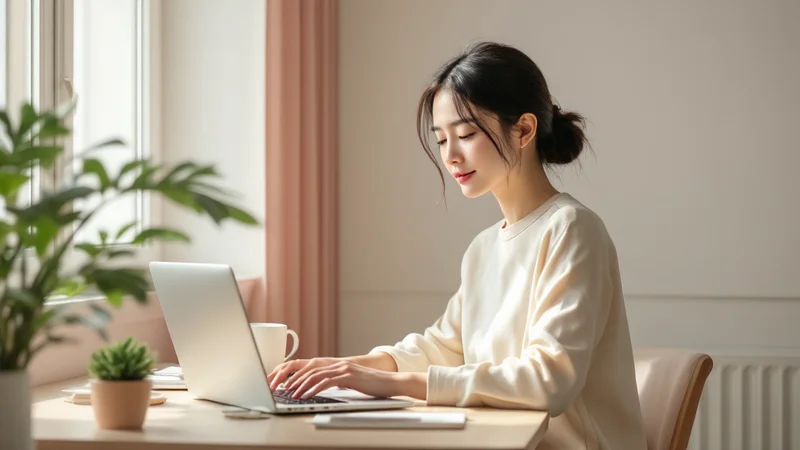 自宅のデスクでノートパソコンに向かって作業している30代前後の日本人女性