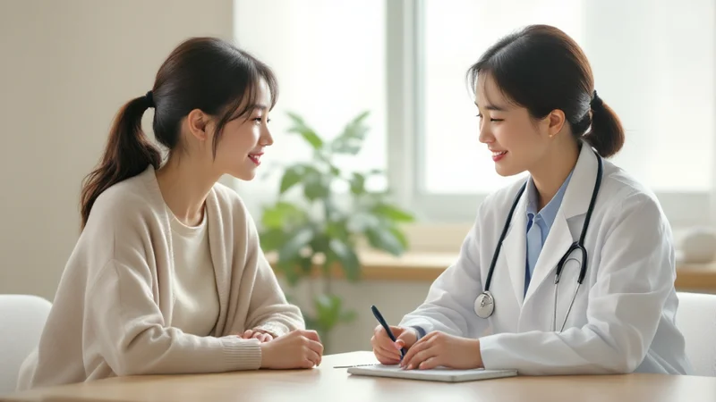 診察室の机をはさんで、私服の30代女性が白衣の女性医師に症状を伝えている様子