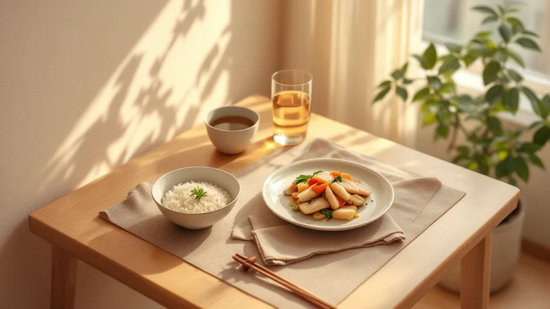 朝の光が差すテーブルに小盛りで並んだ、ごはん・すまし汁・白身魚と野菜の煮物・水の入ったグラスの食事