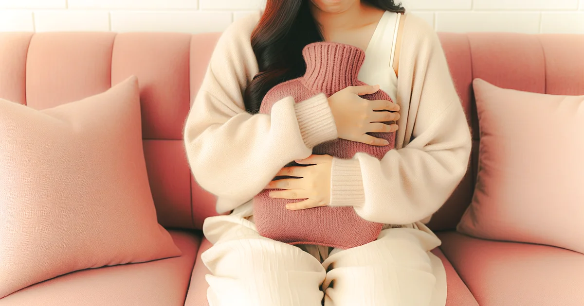 湯たんぽとハーブティーが置かれた温かみのある部屋。生理痛の緩和をイメージした穏やかな日常シーン