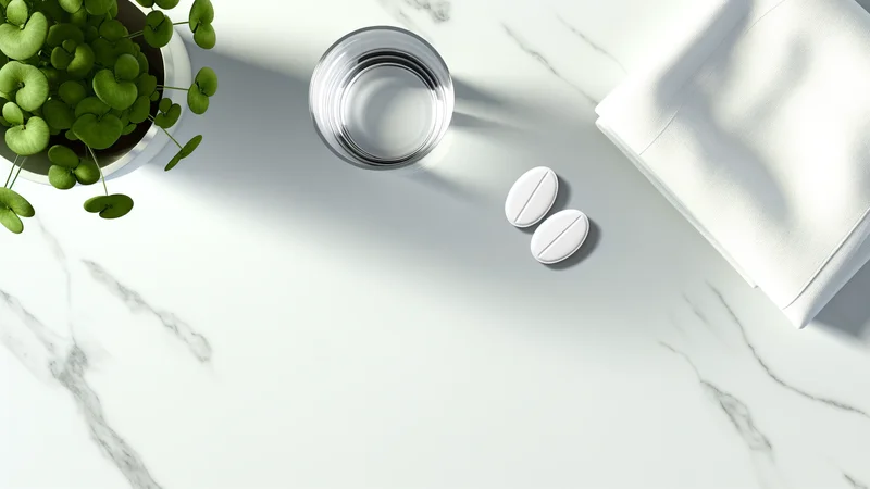 薬と水が並ぶ清潔感のあるテーブル。服薬管理のイメージ