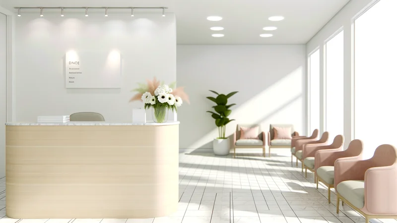 明るい婦人科クリニックの受付。女性が安心して相談できる雰囲気のイメージ