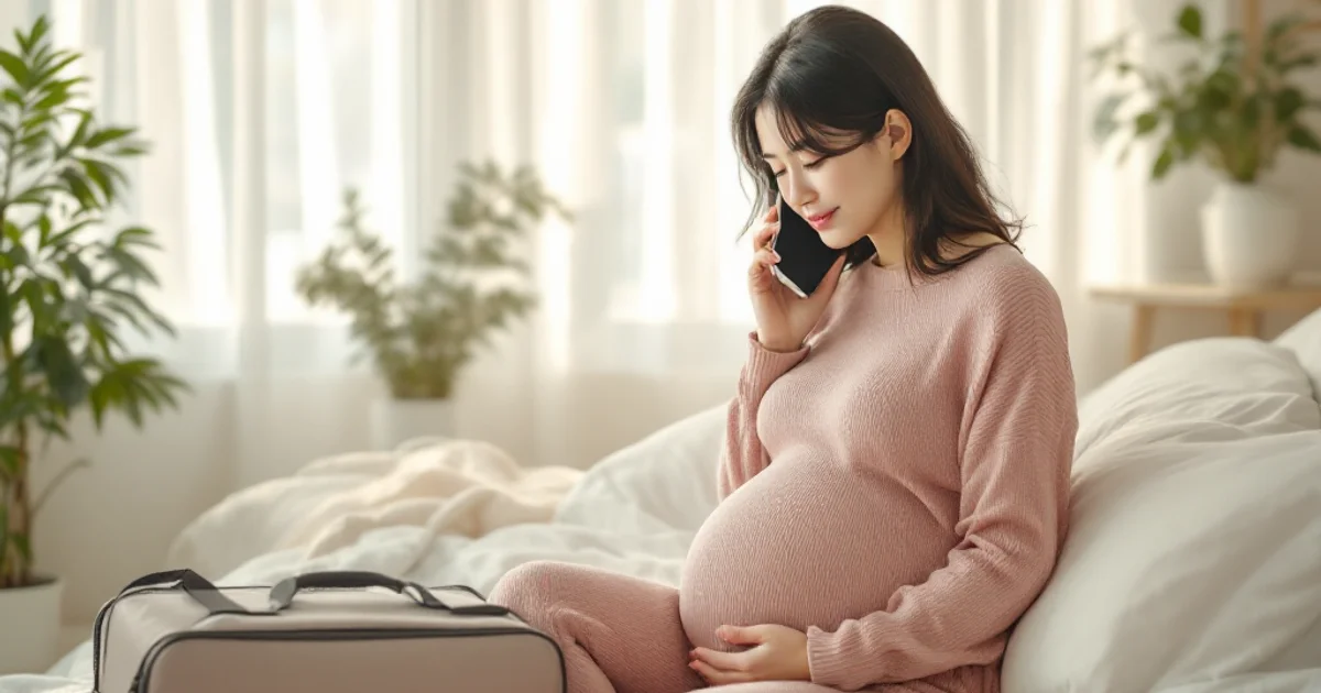 明るい寝室のベッドに腰かけ、入院バッグを足元に置いたまま、スマートフォンで産院に電話をかけている妊娠後期の30代前半の日本人の妊婦