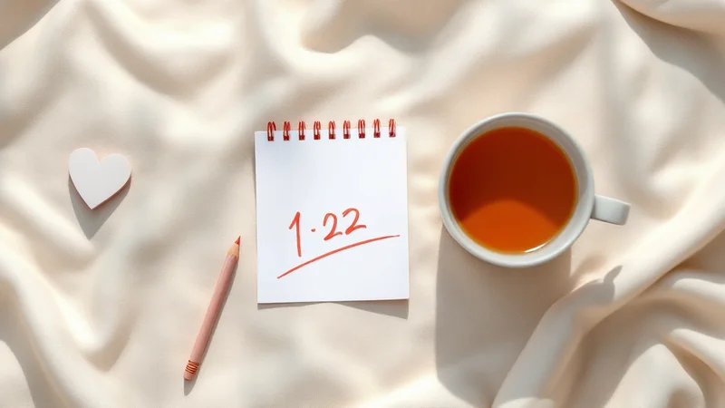 日付を書き込んだメモとハート型の紙、お茶のカップが置かれた様子