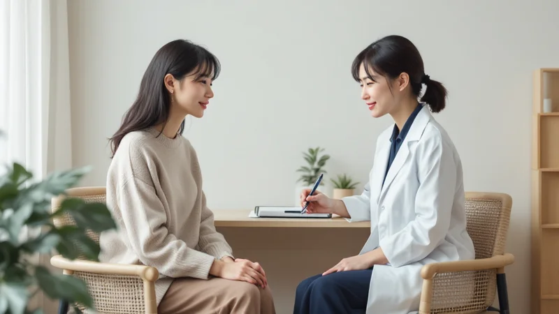 診察室で机をはさんで向かい合い、白衣の女性医師が話を聞きながらメモを取り、私服の30代前後の女性が症状を伝えている様子
