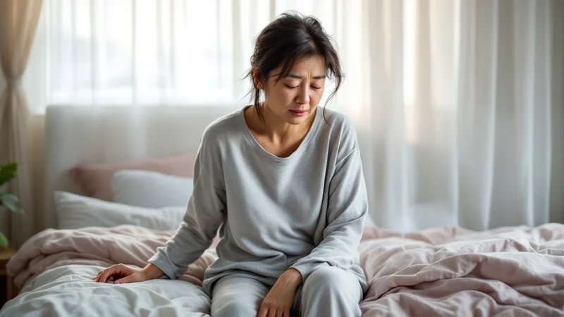 朝の寝室でベッドの端に腰かけ、パジャマ姿でうつむいて疲れた表情を見せている50代前後の日本人女性