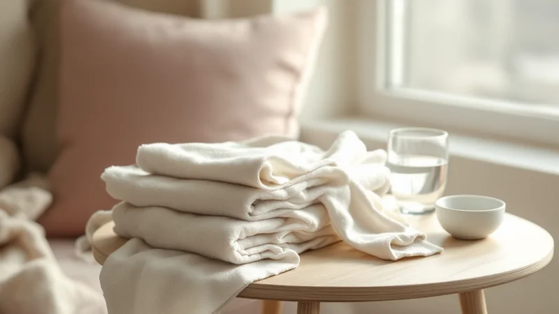窓辺の木のサイドテーブルに置かれた、たたんだ白い綿の服とタオル、水の入ったグラスと白い小鉢