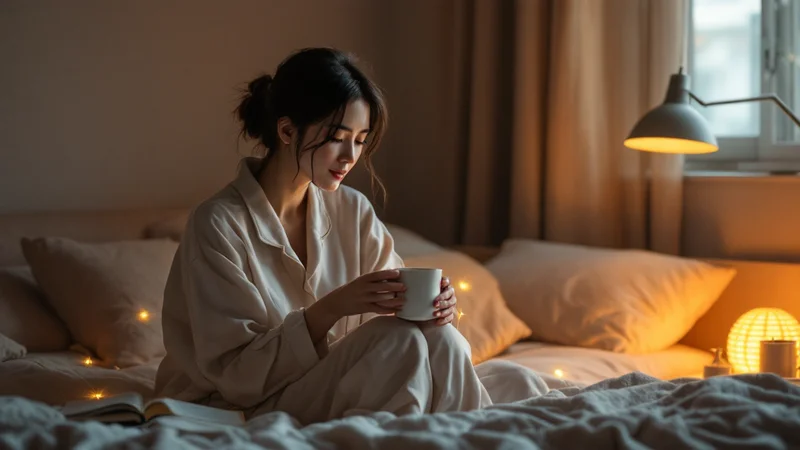 30代前半の日本人女性が就寝前の薄暗い寝室で、ベッドの上に座って温かい飲み物のマグカップを両手で持ち、リラックスしている様子