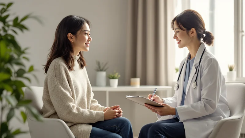 普段着姿の30代前半の日本人女性が、明るい診察室で白衣を着た女性医師と向かい合って座り、睡眠の悩みを相談している様子