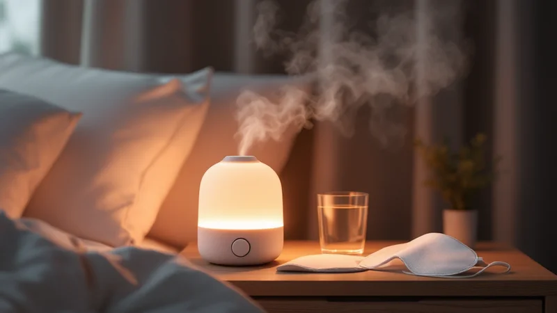 夜のベッドサイドテーブルに置かれた、ミストを出す加湿器・水のグラス・たたんだマスク