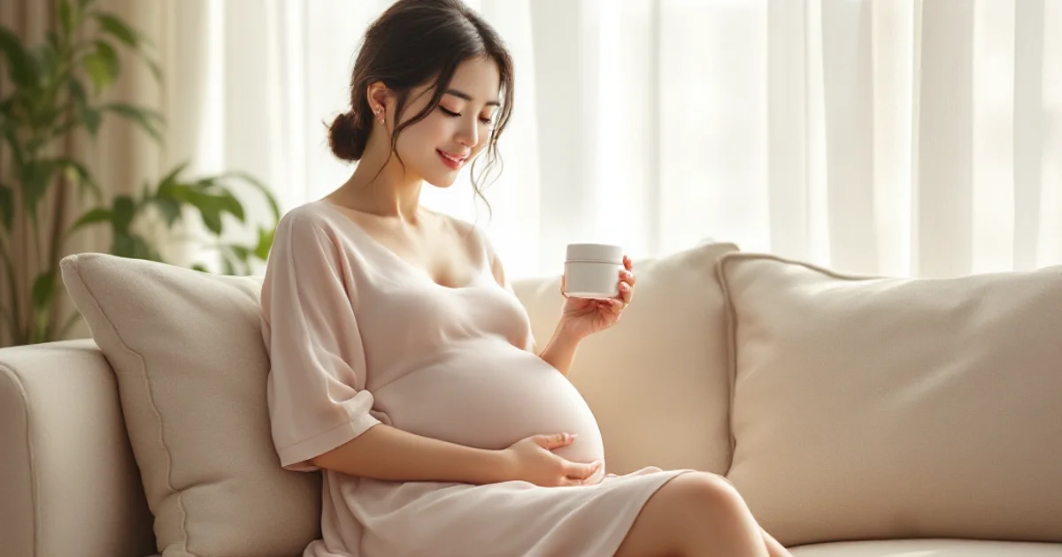 妊娠後期の女性が明るいリビングでボディクリームを手に取り、やわらかな表情でくつろいでいる様子