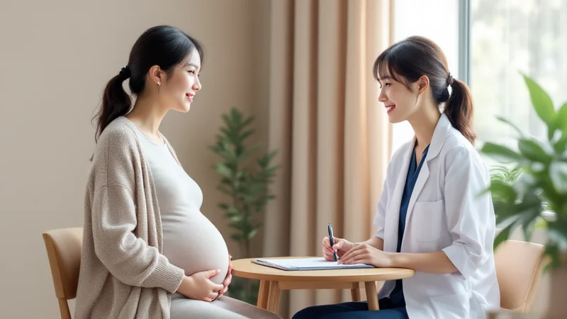 妊婦健診で女性が助産師にお腹の悩みを相談している様子