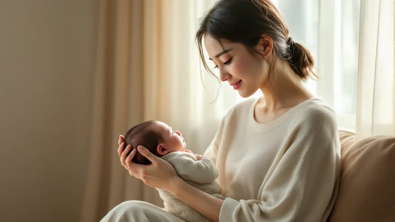 産後の女性が窓辺の明るい部屋で赤ちゃんを抱き、穏やかに過ごしている様子