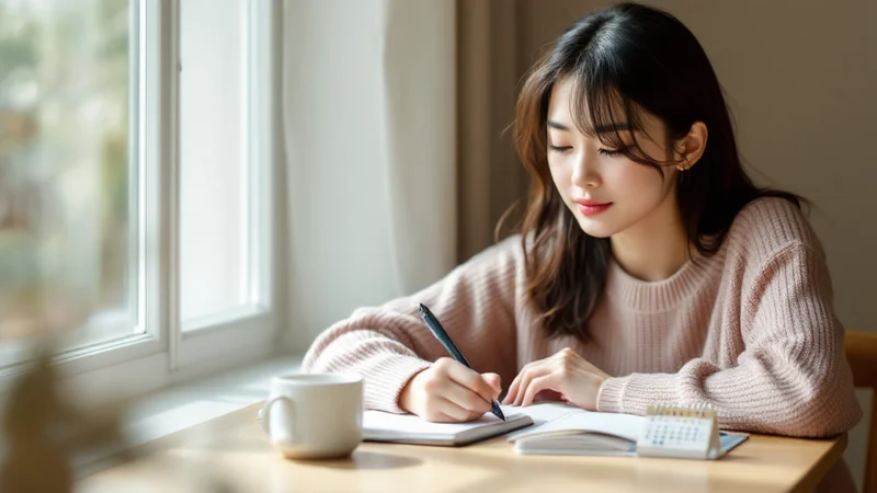 窓辺のテーブルでノートにペンで書き込む女性。手元には卓上カレンダーとマグカップが置かれている