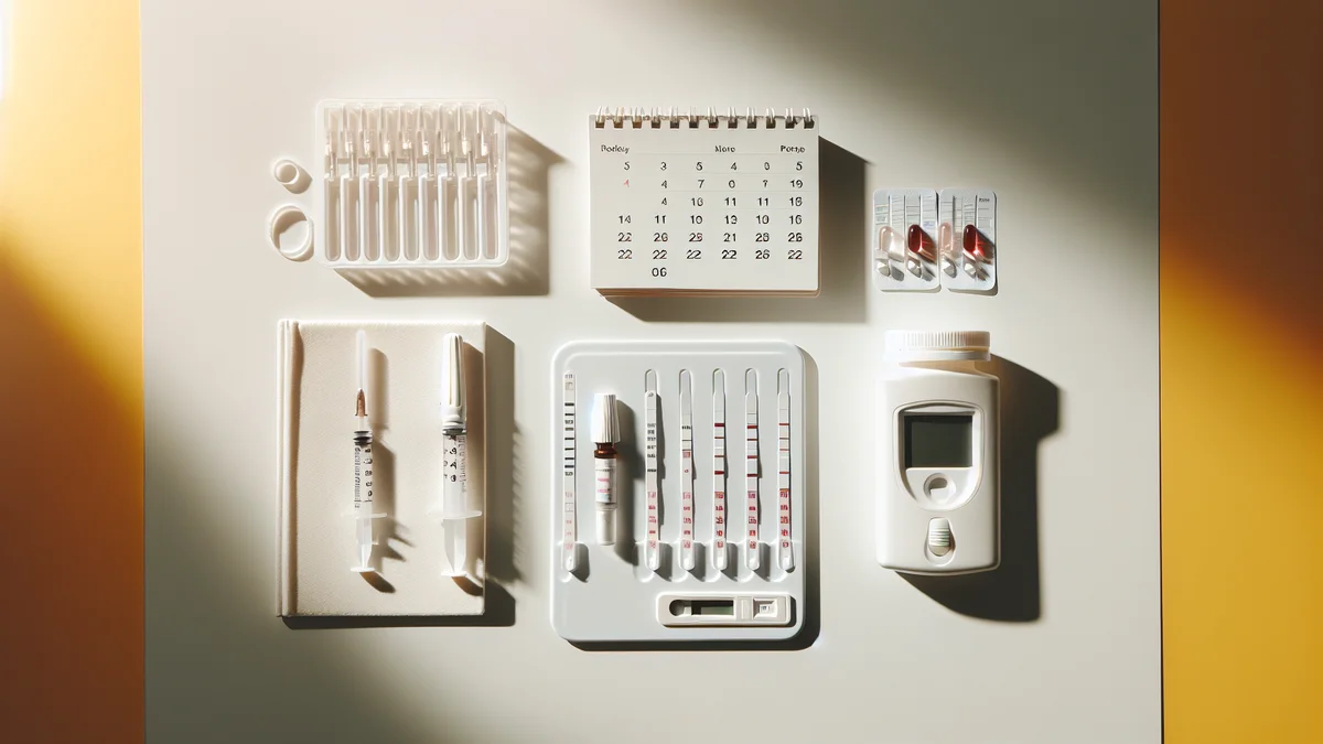 清潔な白いテーブルの上に置かれたシリンジキットと排卵検査薬。自宅妊活のイメージ