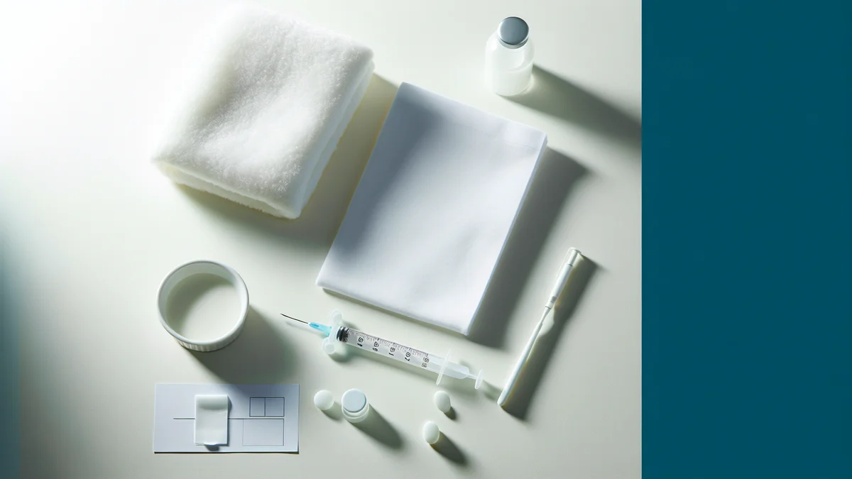 清潔な白いテーブルの上にシリンジと小さなカップ、タオルが整然と並ぶ準備の様子