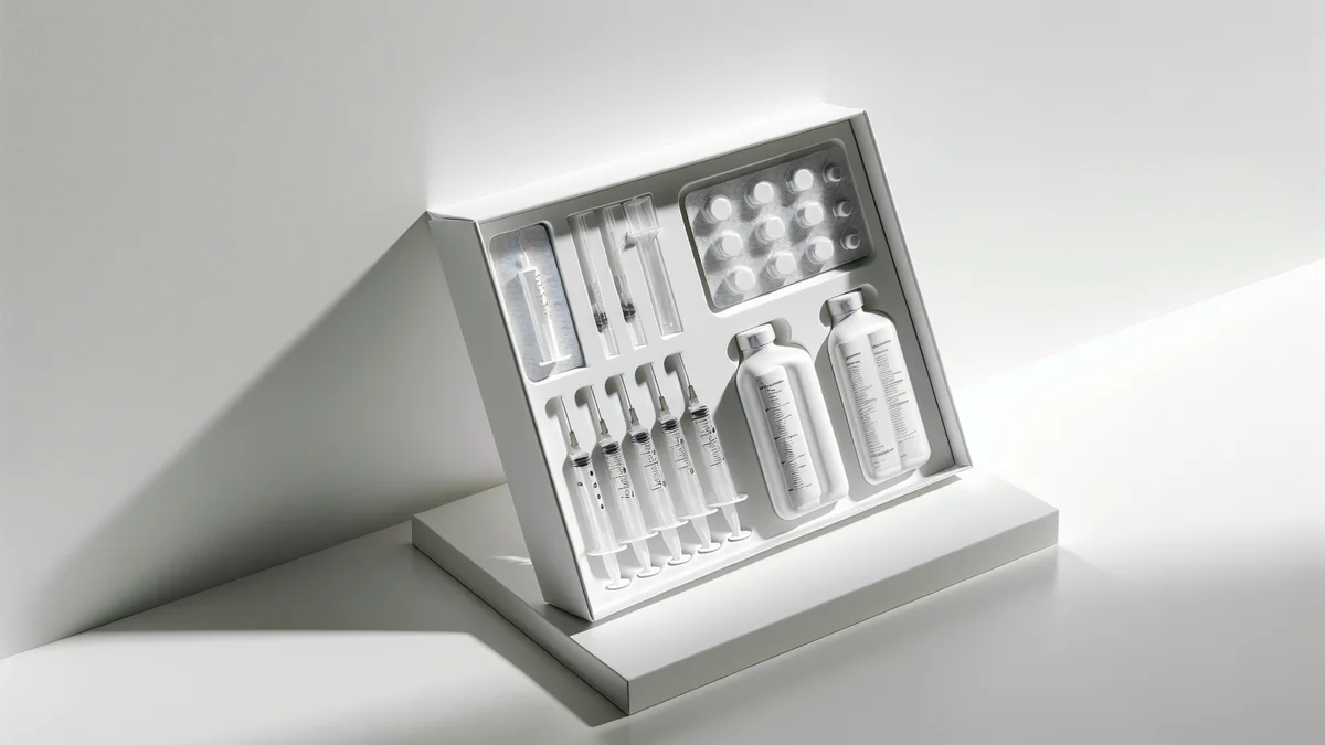 白を基調としたシンプルなシリンジ製品のパッケージが清潔な棚に並ぶイメージ