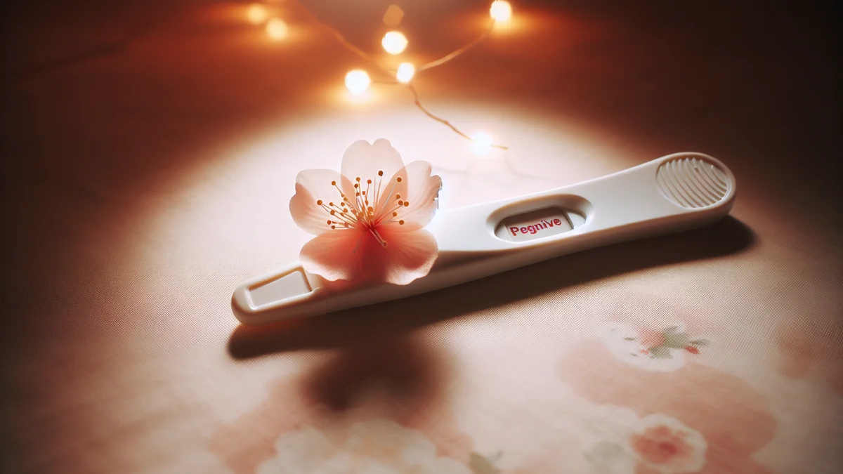 淡いピンクの背景に妊娠検査薬の陽性反応と小さな花が置かれた明るい写真