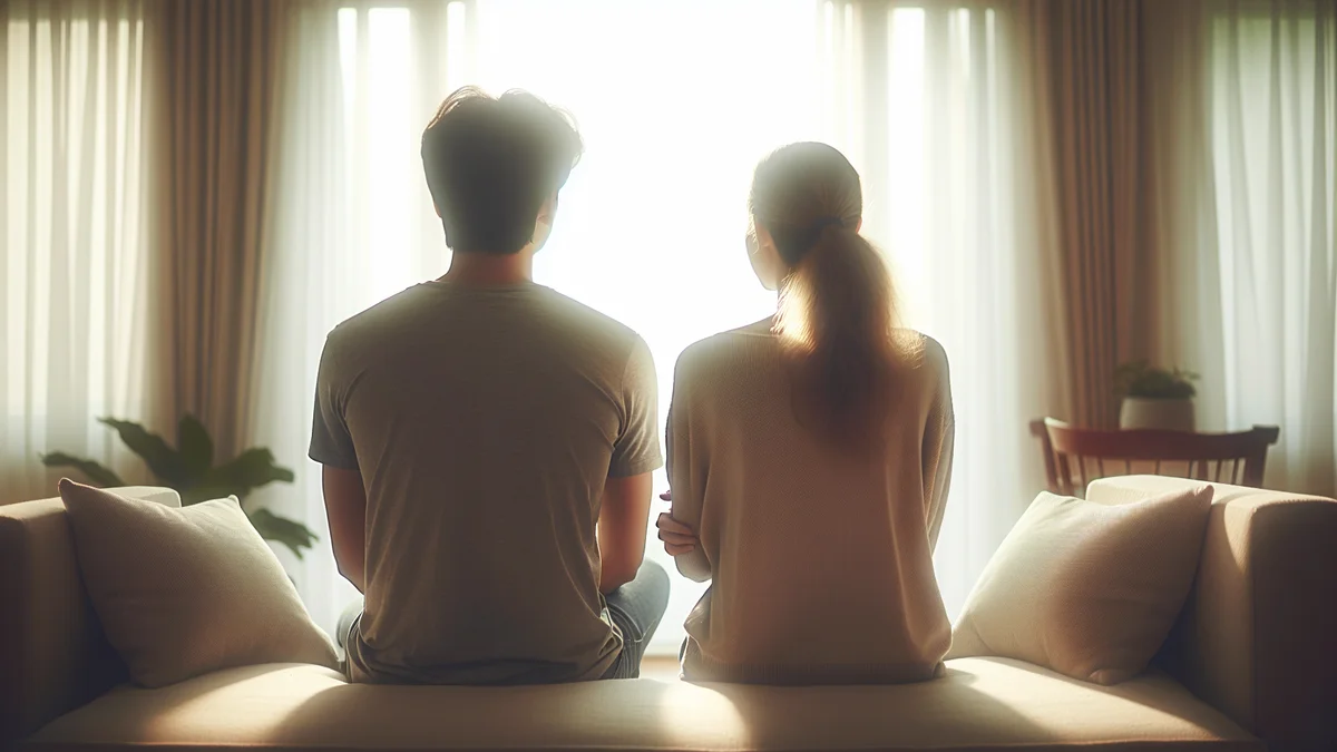 明るいリビングでソファに並んで座りながら穏やかに話し合うカップルのシルエット