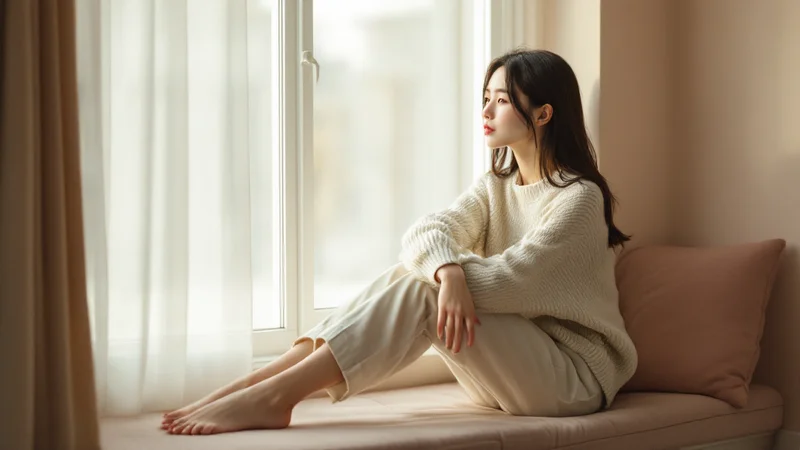 窓辺のベンチに腰かけ、考えごとをしている20代前半の女性