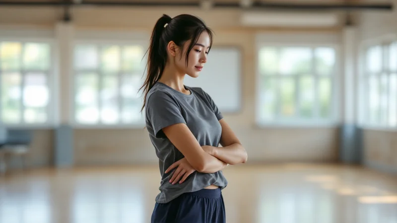 明るい体育館で、グレーのTシャツと紺のショートパンツを着て腕を組んで立つ10代後半の女性