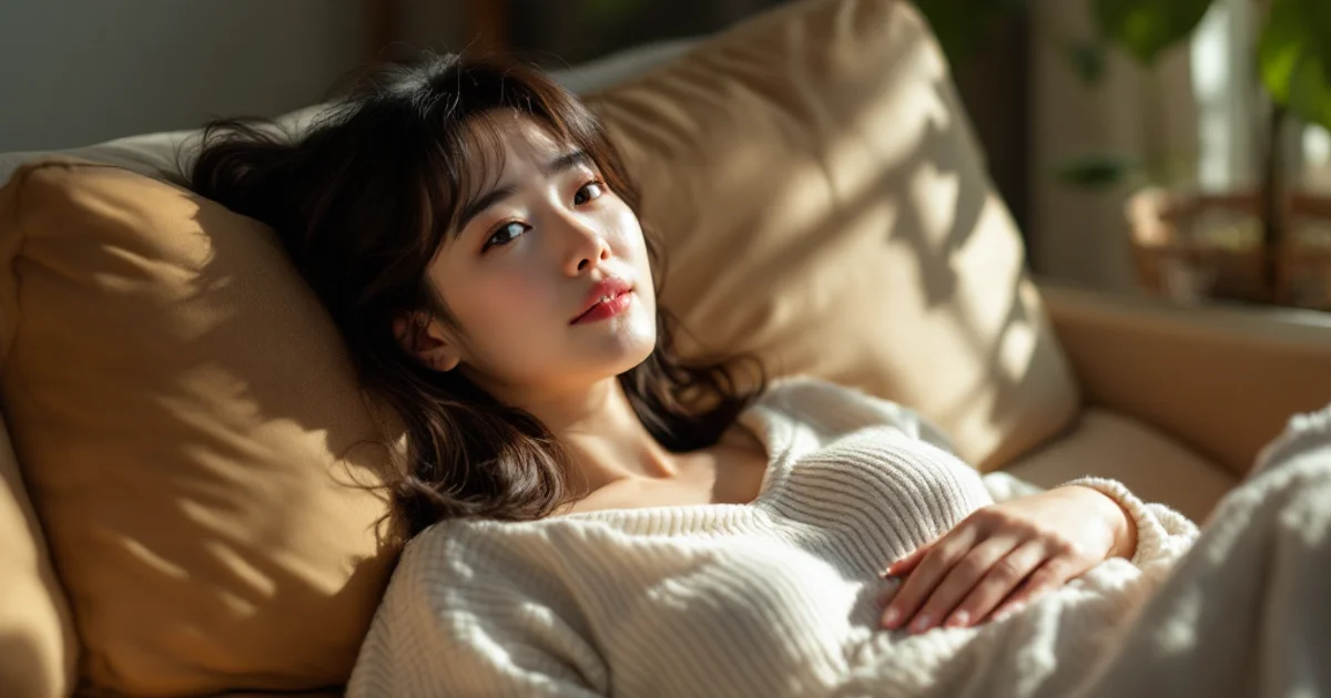 自宅のソファで横になって休んでいる20代後半の日本人女性。落ち着いた表情で手をお腹に当てており、やわらかな室内の光に包まれている