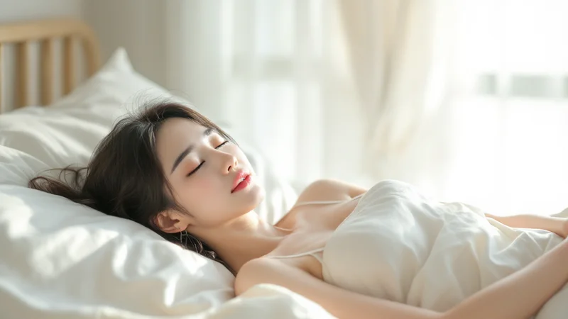 自宅の寝室でゆったりとした服装で横になって休んでいる20代後半の日本人女性。窓から差し込む柔らかな光の中でリラックスした様子