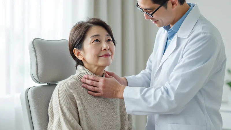 診察室で、白衣の医師が両手で首の前を触診し、私服の50代前後の女性があごを上げて診察を受けている様子