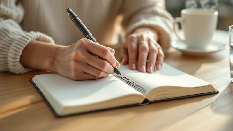 ダイニングテーブルの開いたノートにペンで書き込んでいる50代前後の女性の手元と、湯気の立つマグカップ
