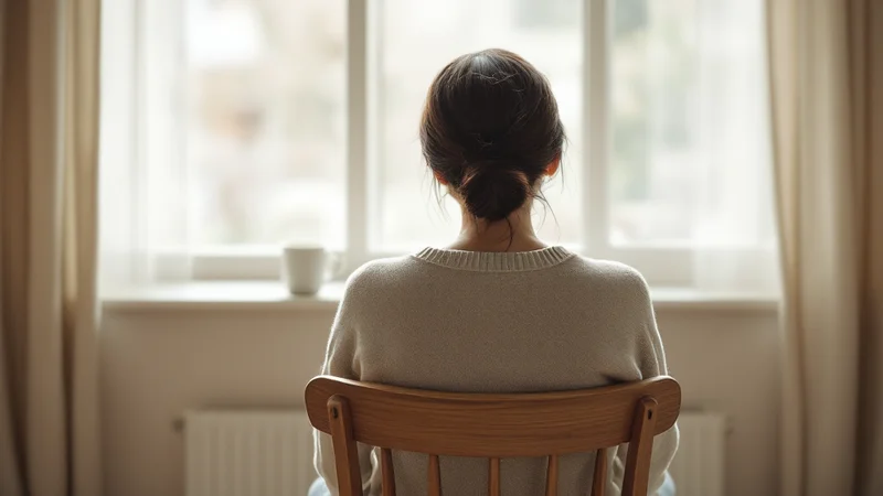明るい窓に向かって木の椅子に腰かけ、肩の力を抜いて静かに座っている女性の後ろ姿