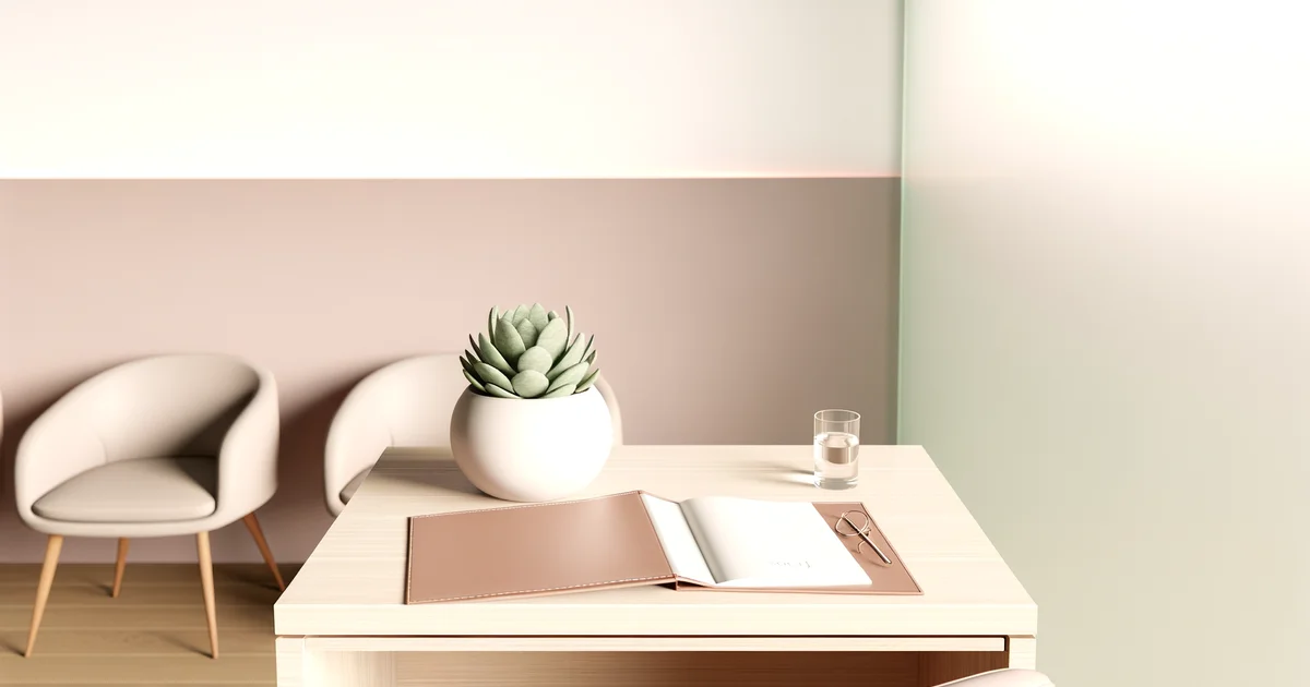 木のデスクに手帳と観葉植物が置かれた、明るい婦人科診察スペースの写真