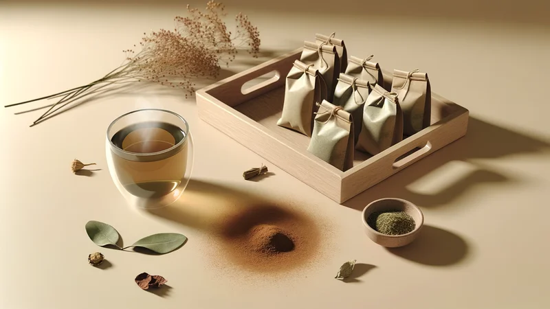 木のトレイに並んだ漢方薬と緑茶。漢方による更年期ケアのイメージ