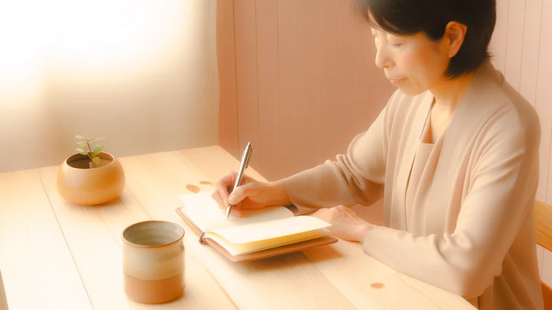 ノートにメモを取りながら考える女性。更年期治療の選び方を考えるイメージ