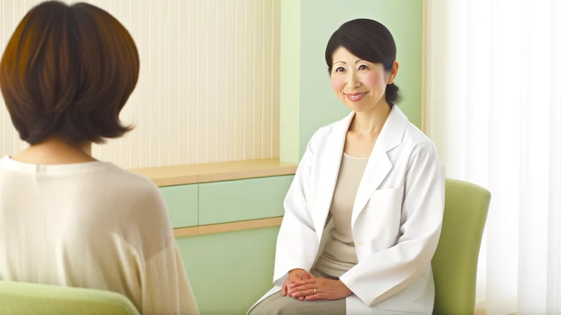 明るい診察室で医師とリラックスして話す女性。婦人科受診のイメージ