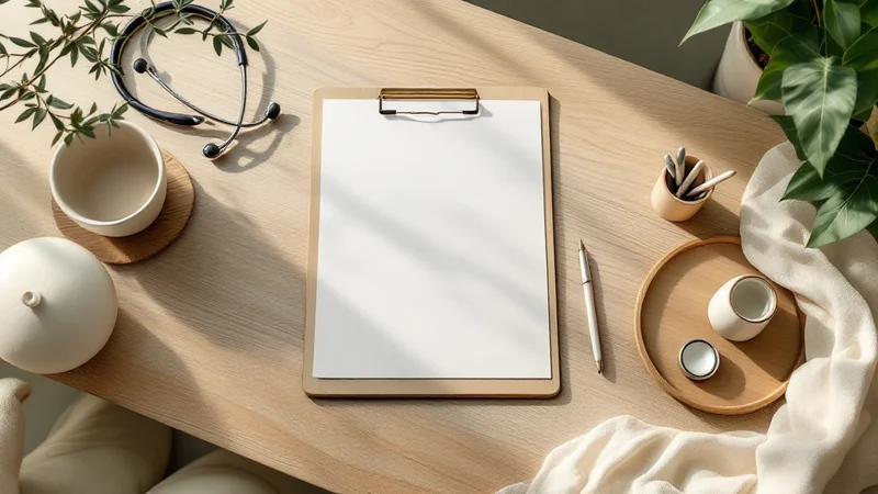 ナチュラルなトーンの診察室テーブルに並ぶ医療器具と手書きカルテ。落ち着いた診療空間