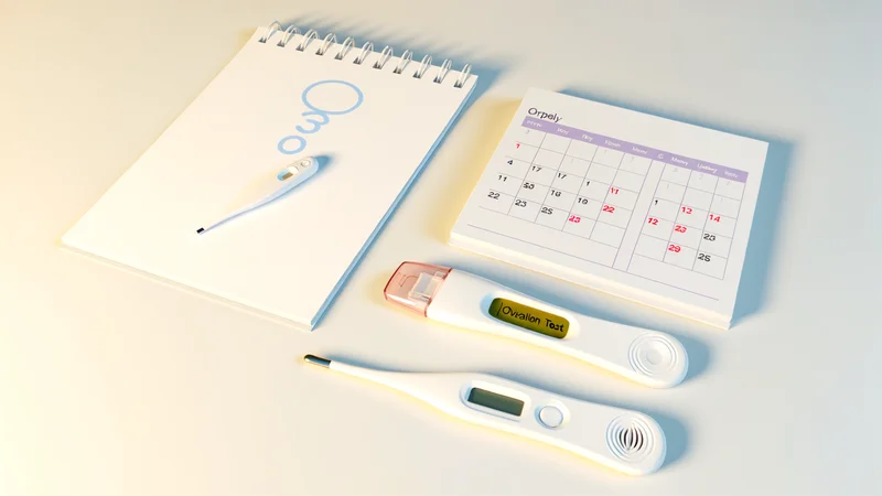 排卵検査薬・月間カレンダー・デジタル体温計が白い台に並ぶ排卵日管理のフラットレイ