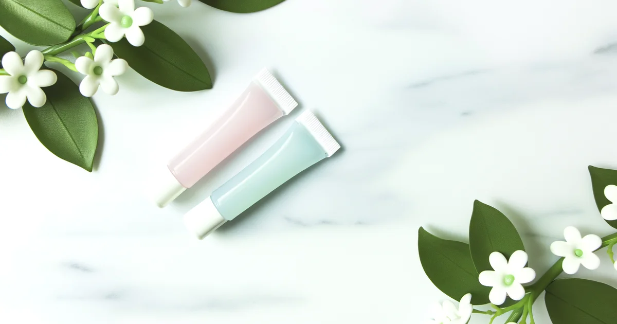 ピンクとミントグリーンのゼリーチューブ2本・白い花と葉が大理石の背景に並ぶフラットレイ