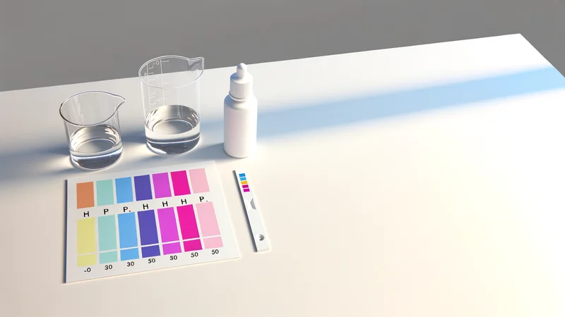 pHカラーチャート・ビーカー・ドロッパーボトルが白いテーブルに並ぶ酸性・アルカリ性測定のフラットレイ