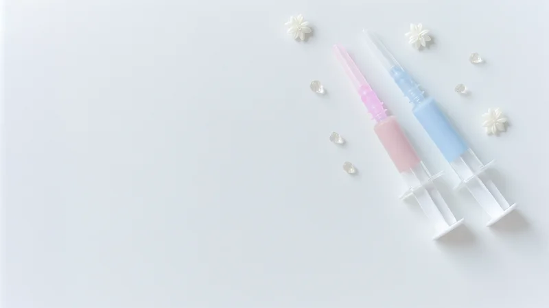 ピンクと水色のシリンジ型アプリケーター2本と小花が白い背景に並ぶフラットレイ