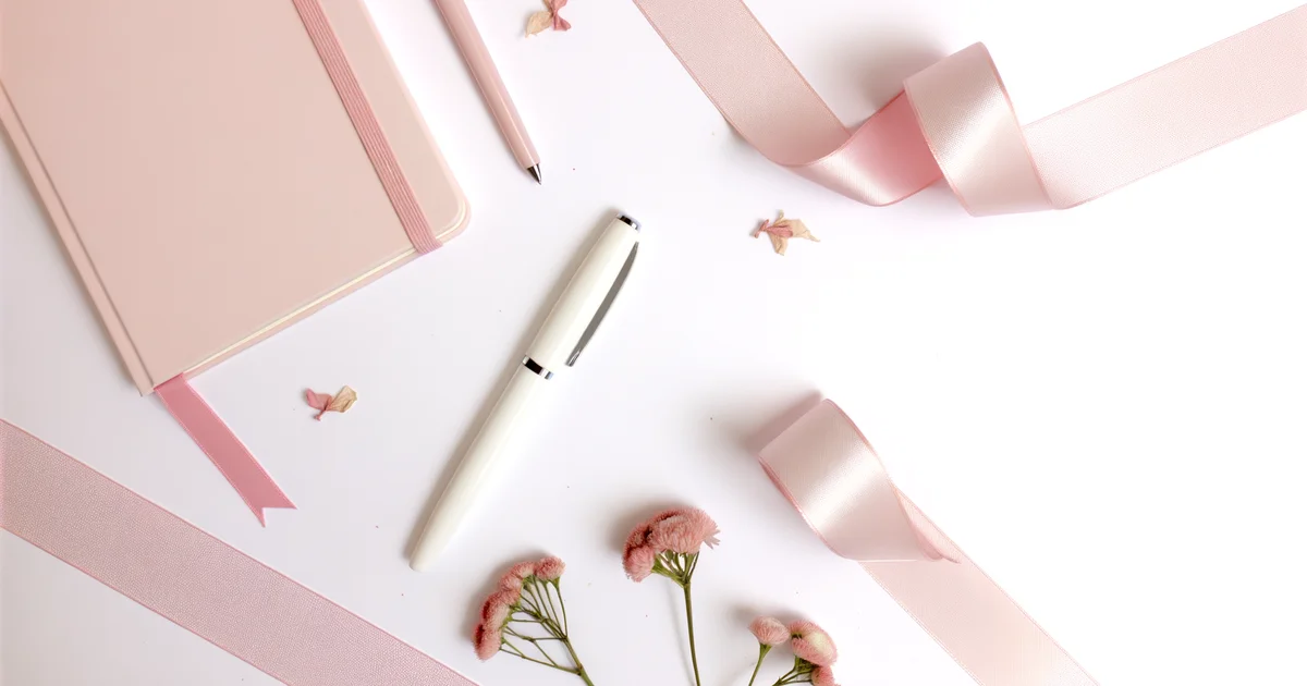 ピンクのサテンリボン・かすみ草・パステルピンクのノートとホワイトペンが白い背景に並ぶフラットレイ