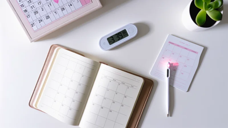 ピンクのカレンダー・デジタル体温計・開いた手帳が白いデスクに並ぶ排卵日管理のフラットレイ