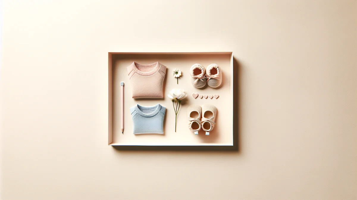 淡いピンクとブルーのパステルカラーの小さな服とベビーシューズが並ぶ明るい背景。産み分けのイメージ