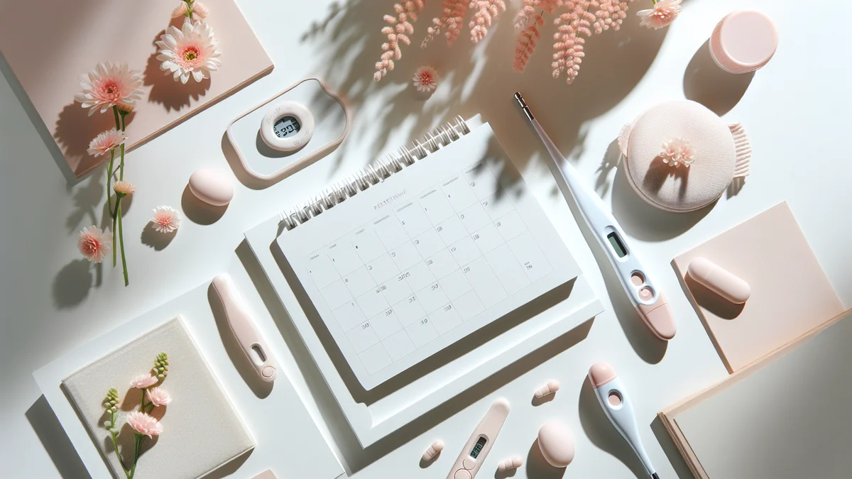 淡いピンクの花とカレンダー、体温計が並ぶ柔らかいトーンの静物。排卵日管理のイメージ