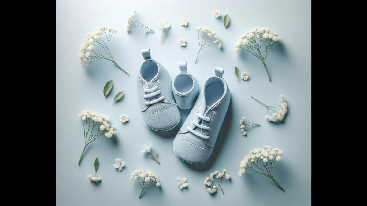 淡いブルーの背景に小さなベビーシューズと白い花が置かれた明るい静物写真