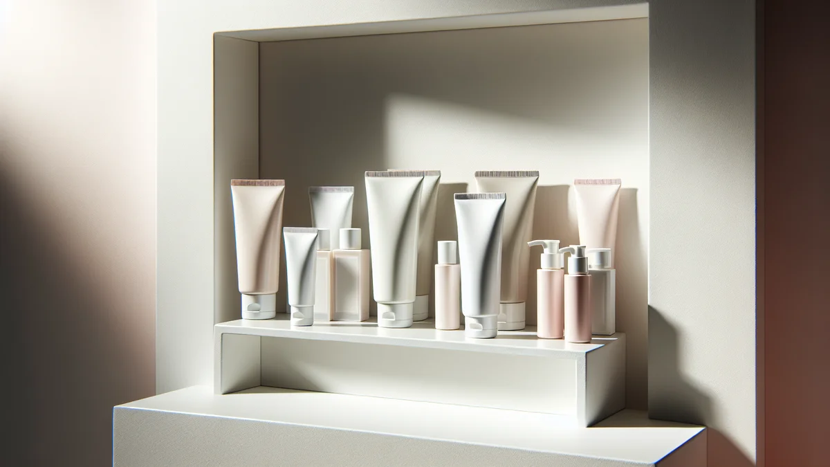 白とピンクのシンプルなパッケージのジェル製品が清潔な白い棚に並ぶイメージ