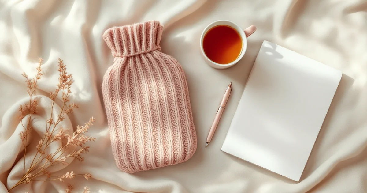 ウッドトレーの上に並べられたハーブティー・温湿布・小花。子宮筋腫の症状ケアと婦人科受診を促すイメージ