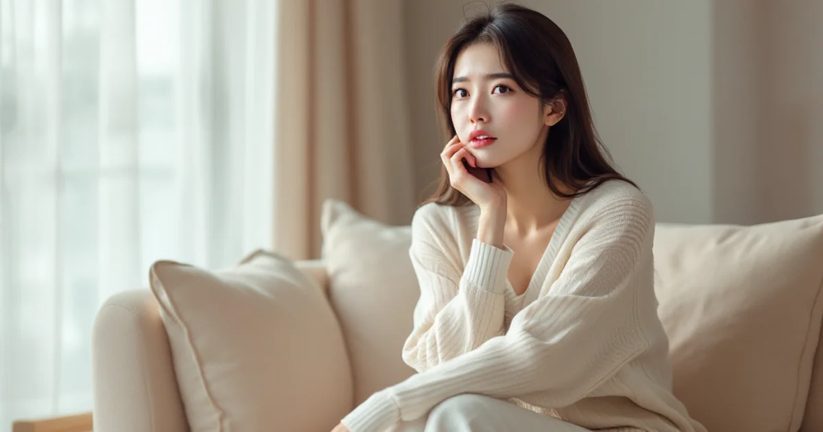 30代の女性がソファに座り、生理でもない時期の下腹部の痛みが気になって静かに考え込んでいる様子