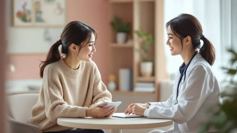 ニットを着た30代の女性が、メモを手にしながら白衣を着た女性医師に症状を相談している診察室の様子